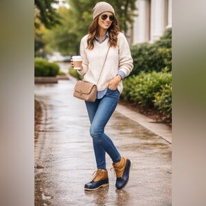 Tommy Hilfiger Duck Rain Shoes Women’s Size 6 Navy & Tan Waterproof Lace Up